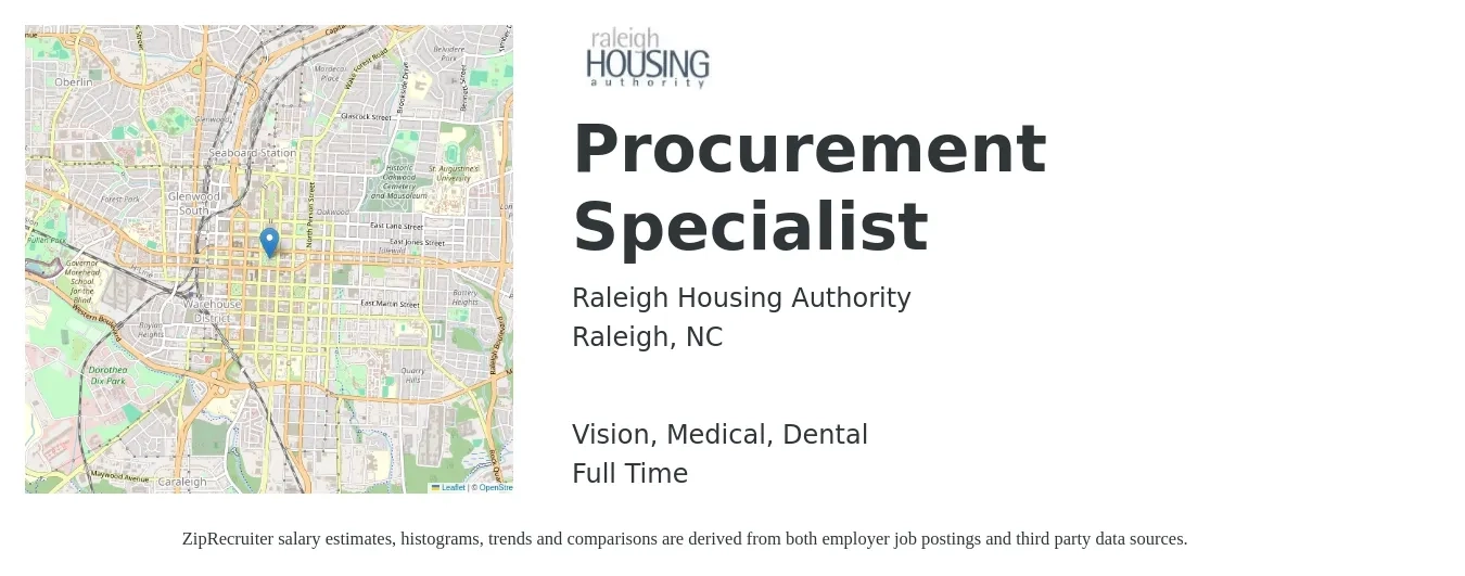Raleigh Housing Authority job posting for a Procurement Specialist in Raleigh, NC with a salary of $24 to $37 Hourly and benefits including dental, life_insurance, medical, retirement, and vision with a map of Raleigh location.