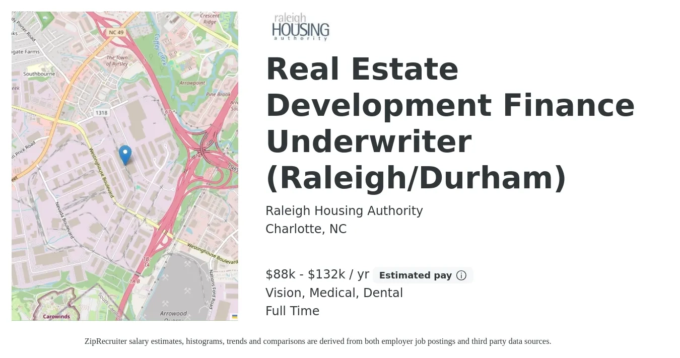 Raleigh Housing Authority job posting for a Real Estate Development Finance Underwriter (Raleigh/Durham) in Charlotte, NC with a salary of $88,048 to $132,758 Yearly and benefits including dental, life_insurance, medical, retirement, and vision with a map of Charlotte location.