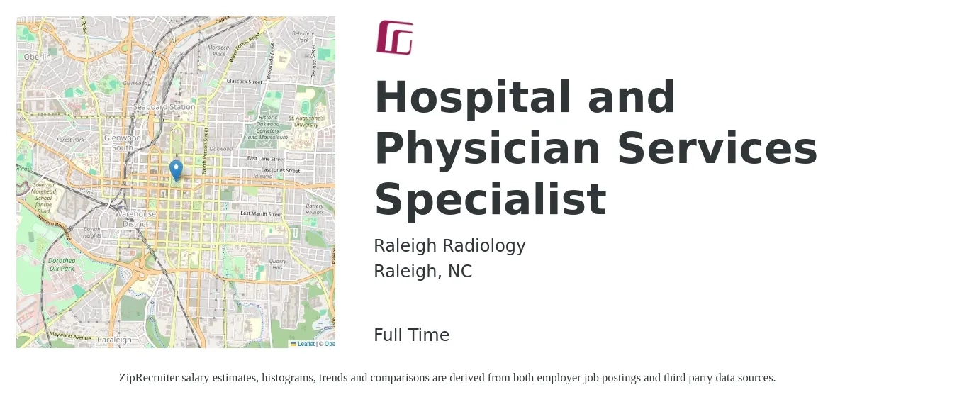 Raleigh Radiology job posting for a Hospital and Physician Services Specialist in Raleigh, NC with a salary of $50,100 to $198,300 Yearly with a map of Raleigh location.