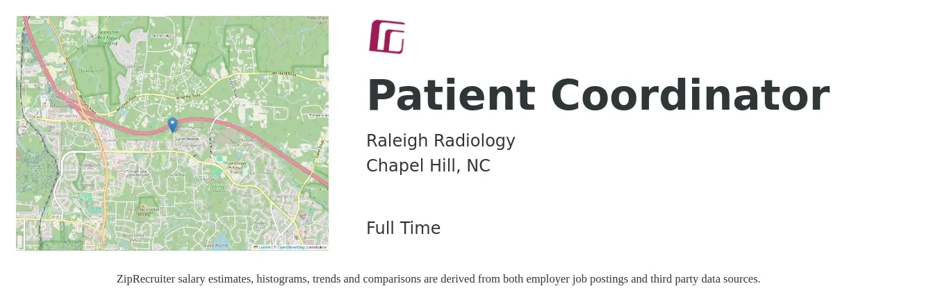 Raleigh Radiology job posting for a Patient Coordinator in Chapel Hill, NC with a salary of $16 to $21 Hourly with a map of Chapel Hill location.