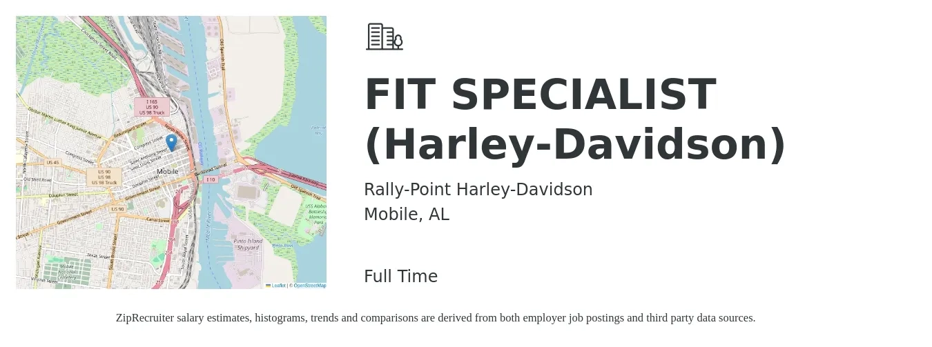 Rally-Point Harley-Davidson job posting for a FIT SPECIALIST (Harley-Davidson) in Mobile, AL with a salary of $15 to $27 Hourly with a map of Mobile location.