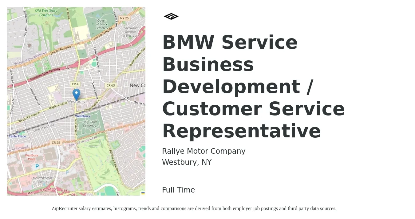 Rallye Motor Company job posting for a BMW Service Business Development / Customer Service Representative in Westbury, NY with a salary of $19 to $21 Hourly with a map of Westbury location.