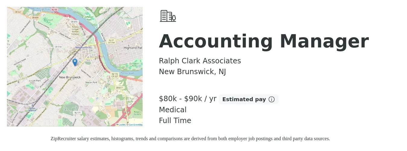 Ralph Clark Associates job posting for a Accounting Manager in New Brunswick, NJ with a salary of $80,000 to $90,000 Yearly and benefits including medical, and pto with a map of New Brunswick location.