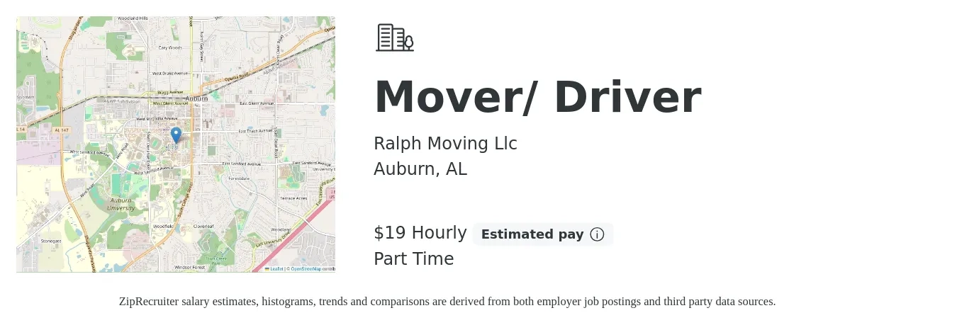Ralph Moving Llc job posting for a Mover/ Driver in Auburn, AL with a salary of $20 Hourly with a map of Auburn location.