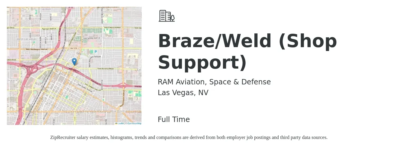 RAM Aviation, Space & Defense job posting for a Braze/Weld (Shop Support) in Las Vegas, NV with a salary of $18 to $26 Hourly with a map of Las Vegas location.