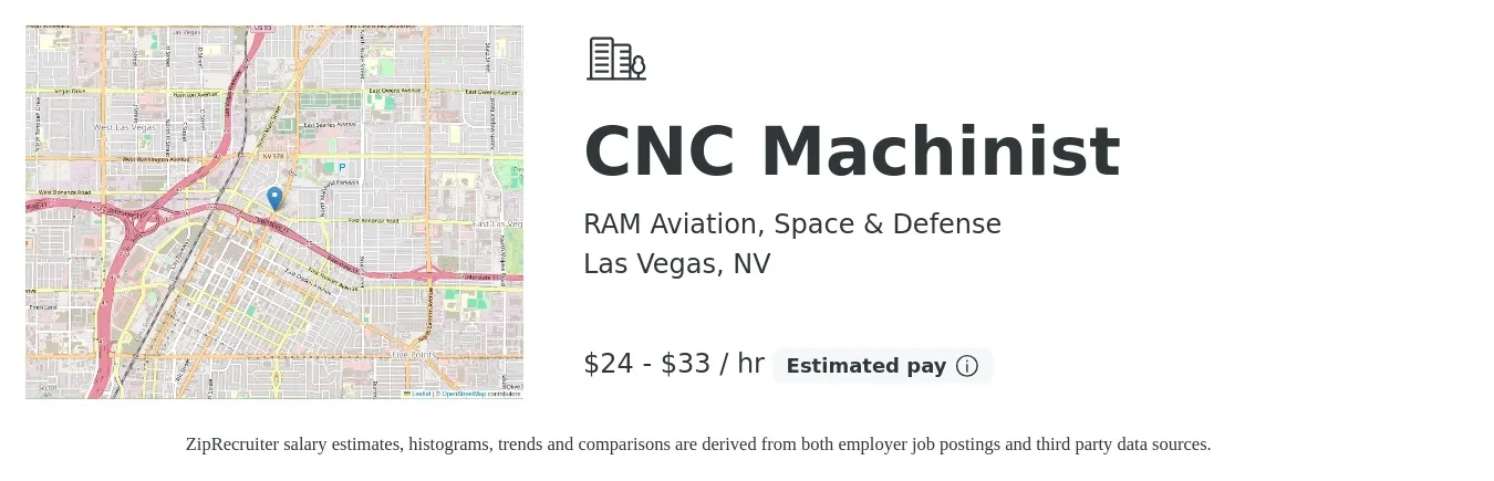 RAM Aviation, Space & Defense job posting for a CNC Machinist in Las Vegas, NV with a salary of $25 to $35 Hourly with a map of Las Vegas location.