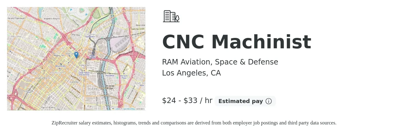 RAM Aviation, Space & Defense job posting for a CNC Machinist in Los Angeles, CA with a salary of $25 to $35 Hourly with a map of Los Angeles location.