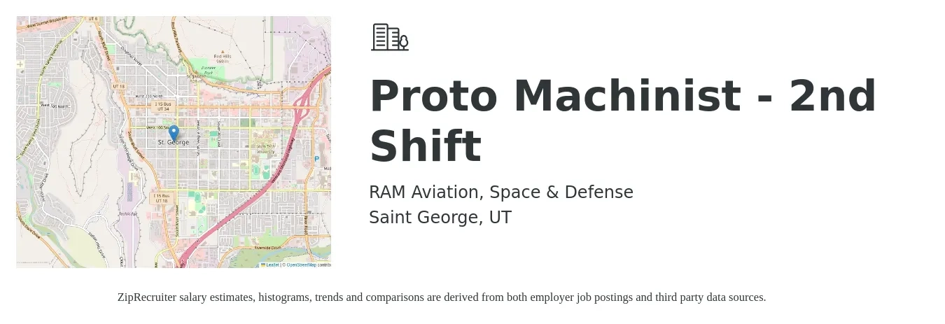 RAM Aviation, Space & Defense job posting for a Proto Machinist - 2nd Shift in Saint George, UT with a salary of $19 to $26 Hourly with a map of Saint George location.