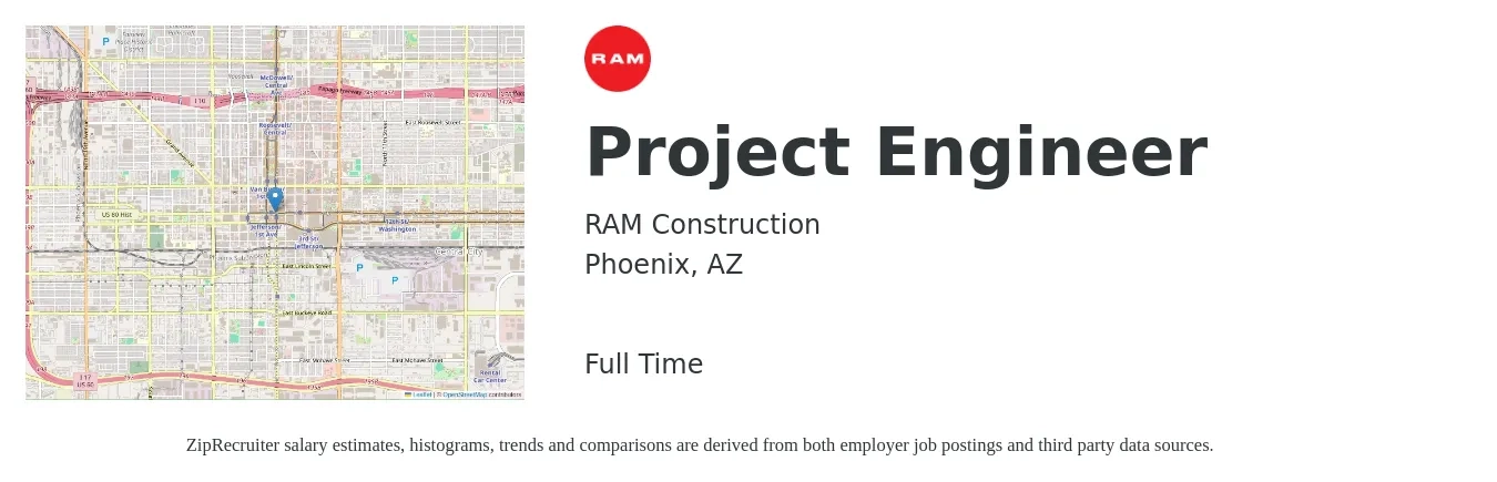 RAM Construction job posting for a Project Engineer in Phoenix, AZ with a salary of $71,700 to $100,400 Yearly with a map of Phoenix location.