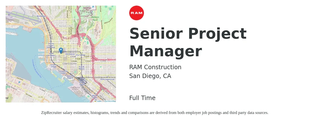 RAM Construction job posting for a Senior Project Manager in San Diego, CA with a salary of $120,000 to $170,000 Yearly with a map of San Diego location.