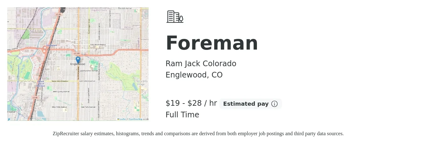Ram Jack Colorado job posting for a Foreman in Englewood, CO with a salary of $20 to $30 Hourly with a map of Englewood location.