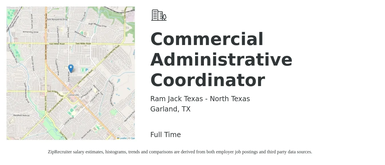 Ram Jack Texas - North Texas job posting for a Commercial Administrative Coordinator in Garland, TX with a salary of $18 to $24 Hourly with a map of Garland location.