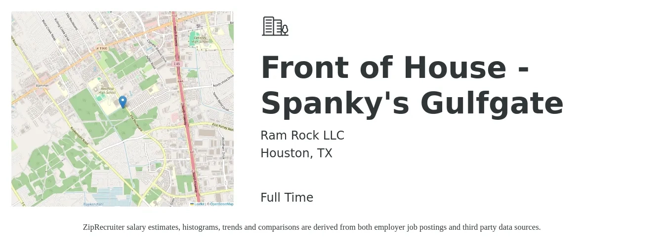 Ram Rock LLC job posting for a Front of House - Spanky's Gulfgate in Houston, TX with a salary of $10 to $16 Hourly with a map of Houston location.