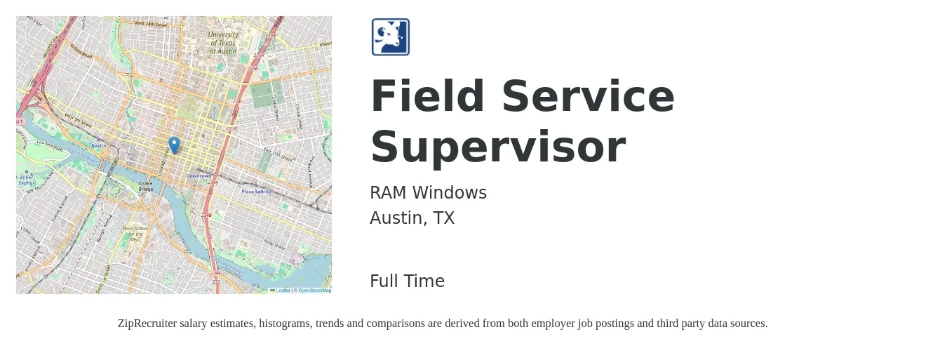 RAM Windows job posting for a Field Service Supervisor in Austin, TX with a salary of $50,000 to $65,000 Yearly with a map of Austin location.