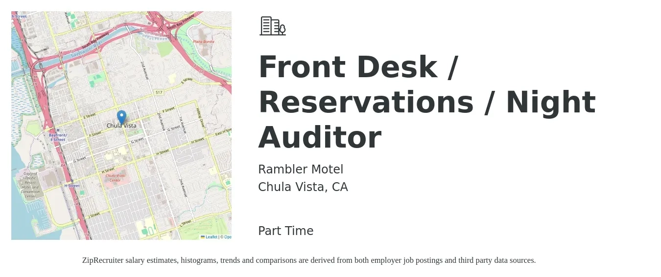 Rambler Motel job posting for a Front Desk / Reservations / Night Auditor in Chula Vista, CA with a salary of $16 Hourly with a map of Chula Vista location.