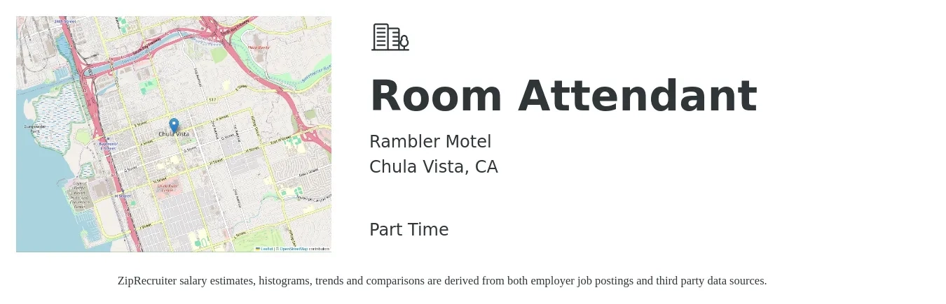 Rambler Motel job posting for a Room Attendant in Chula Vista, CA with a salary of $16 Hourly with a map of Chula Vista location.