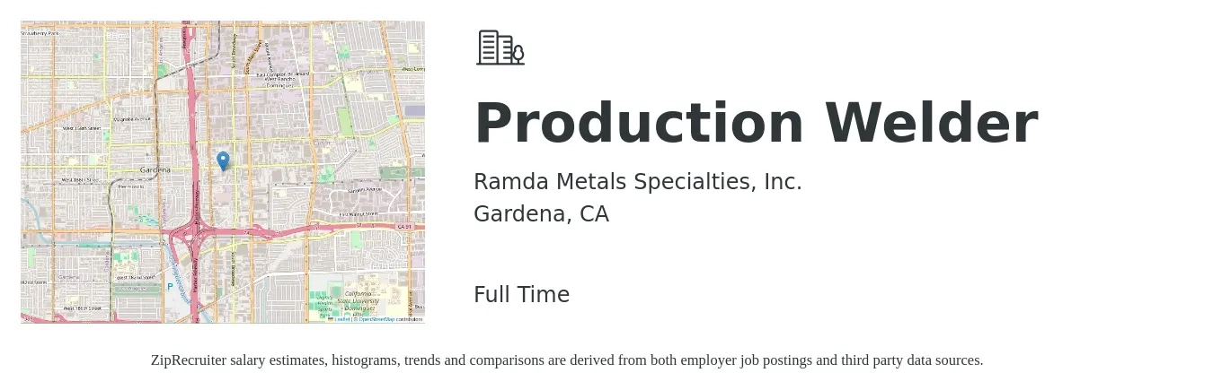 Ramda Metals Specialties, Inc. job posting for a Production Welder in Gardena, CA with a salary of $18 to $22 Hourly with a map of Gardena location.
