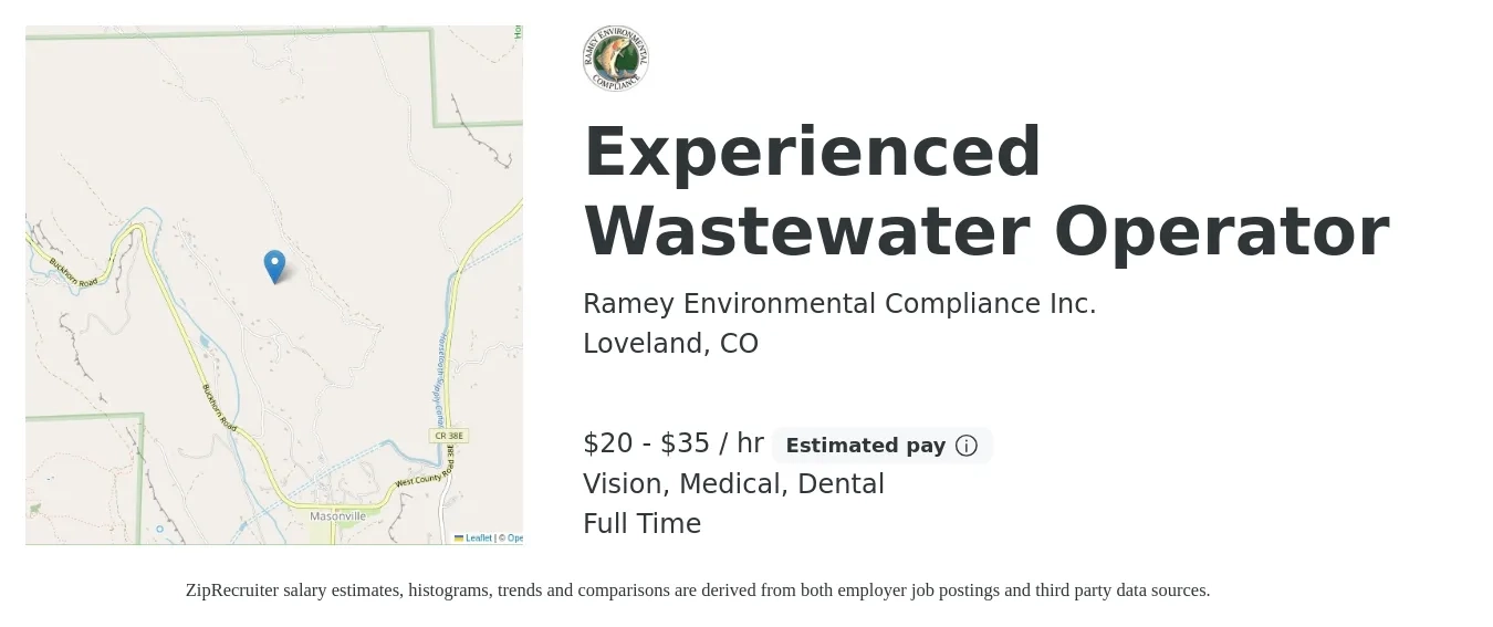 Ramey Environmental Compliance Inc. job posting for a Experienced Wastewater Operator in Loveland, CO with a salary of $21 to $37 Hourly and benefits including retirement, vision, dental, life_insurance, and medical with a map of Loveland location.