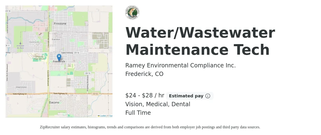 Ramey Environmental Compliance Inc. job posting for a Water/Wastewater Maintenance Tech in Frederick, CO with a salary of $25 to $30 Hourly and benefits including vision, dental, life_insurance, medical, pto, and retirement with a map of Frederick location.