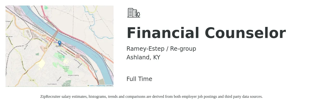Ramey-Estep / Re-group job posting for a Financial Counselor in Ashland, KY with a salary of $17 to $22 Hourly with a map of Ashland location.