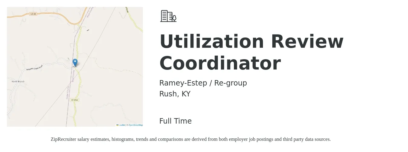 Ramey-Estep / Re-group job posting for a Utilization Review Coordinator in Rush, KY with a salary of $19 to $31 Hourly with a map of Rush location.