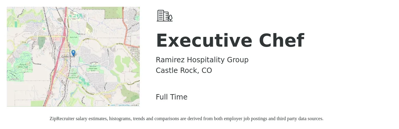 Ramirez Hospitality Group job posting for a Executive Chef in Castle Rock, CO with a salary of $85,000 to $115,000 Yearly with a map of Castle Rock location.
