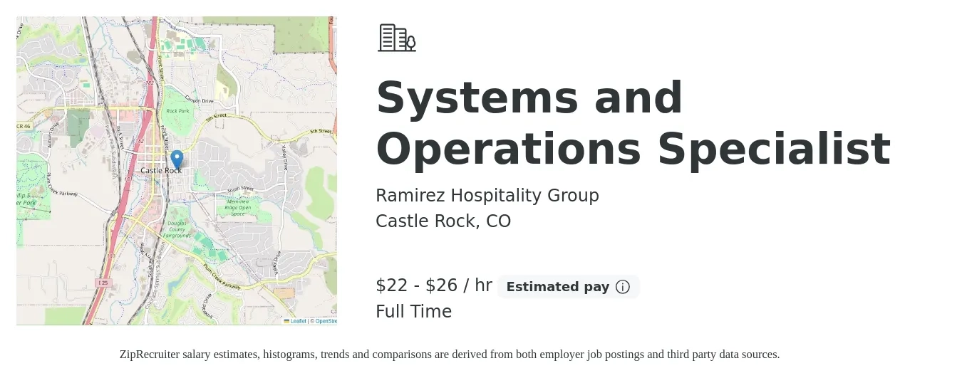 Ramirez Hospitality Group job posting for a Systems and Operations Specialist in Castle Rock, CO with a salary of $23 to $28 Hourly with a map of Castle Rock location.