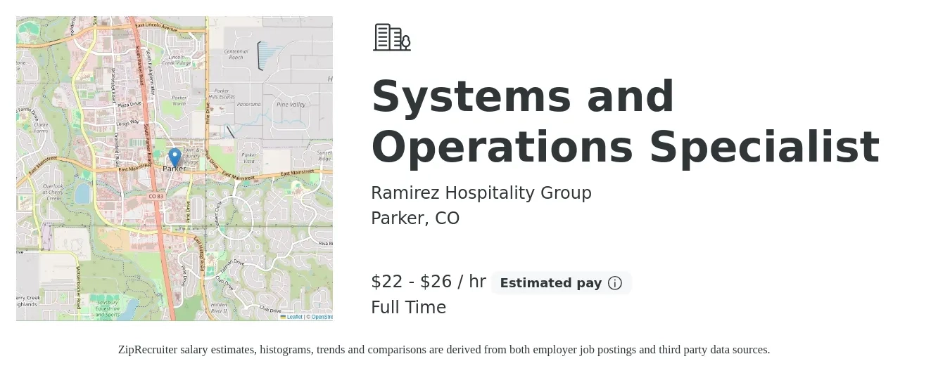 Ramirez Hospitality Group job posting for a Systems and Operations Specialist in Parker, CO with a salary of $23 to $28 Hourly with a map of Parker location.