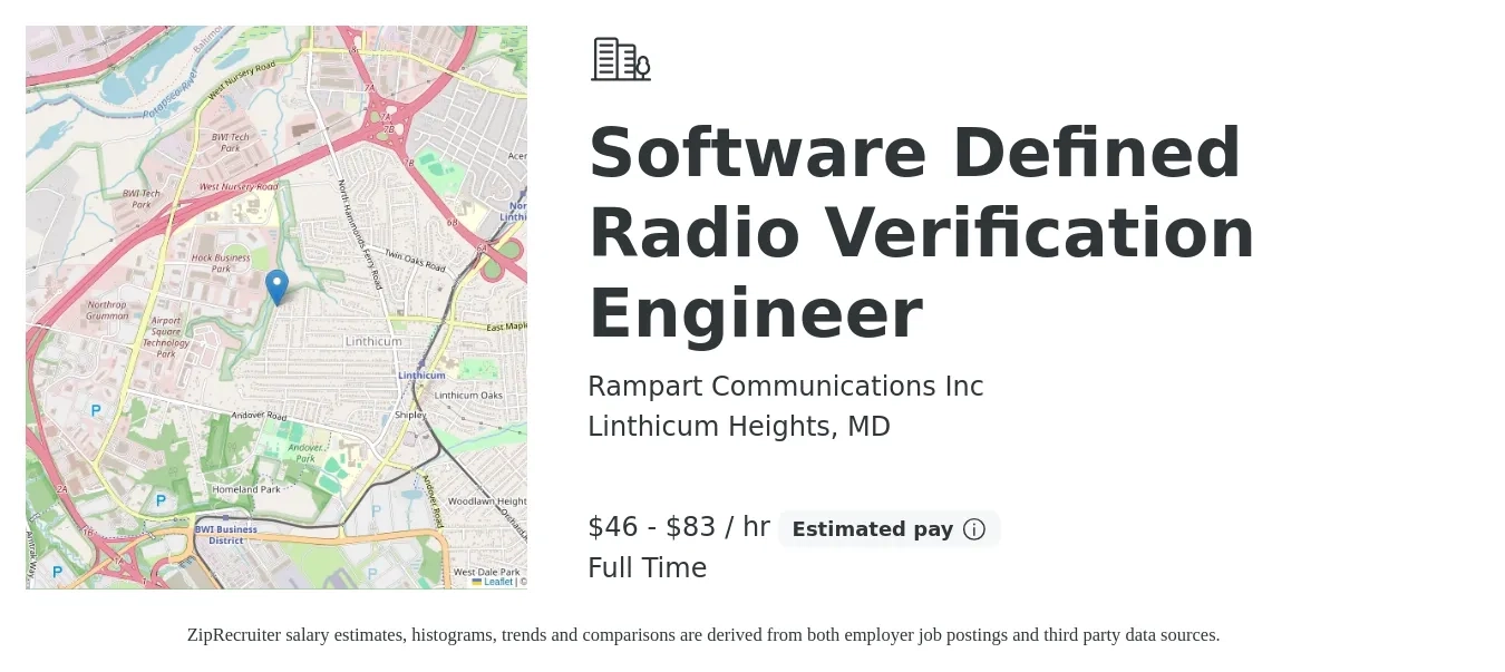 Rampart Communications Inc job posting for a Software Defined Radio Verification Engineer in Linthicum Heights, MD with a salary of $100,000 to $180,000 Yearly with a map of Linthicum Heights location.