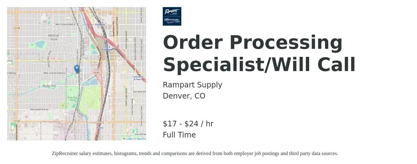 Rampart Supply job posting for a Order Processing Specialist/Will Call in Denver, CO with a salary of $18 to $25 Hourly with a map of Denver location.