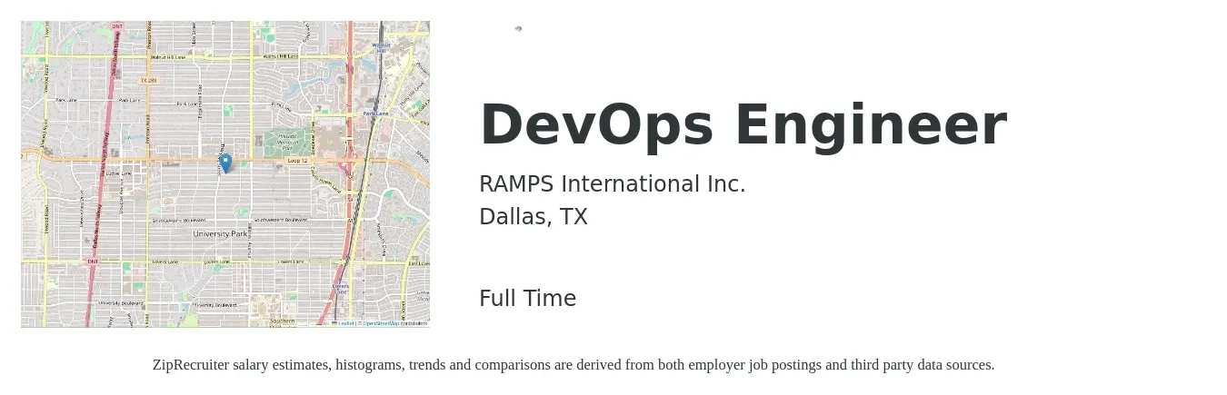 RAMPS International Inc. job posting for a DevOps Engineer in Dallas, TX with a salary of $52 to $72 Hourly with a map of Dallas location.