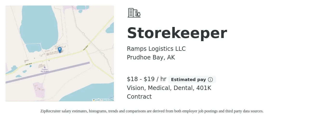 Ramps Logistics LLC job posting for a Storekeeper in Prudhoe Bay, AK with a salary of $19 to $20 Hourly and benefits including 401k, dental, medical, and vision with a map of Prudhoe Bay location.