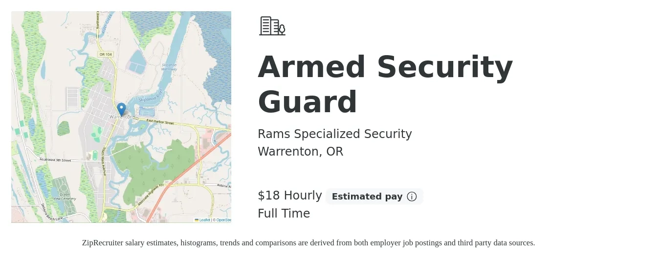 Rams Specialized Security job posting for a Armed Security Guard in Warrenton, OR with a salary of $19 Hourly with a map of Warrenton location.