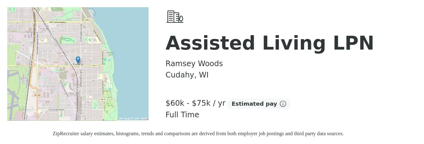 Ramsey Woods job posting for a Assisted Living LPN in Cudahy, WI with a salary of $60,000 to $75,000 Yearly with a map of Cudahy location.