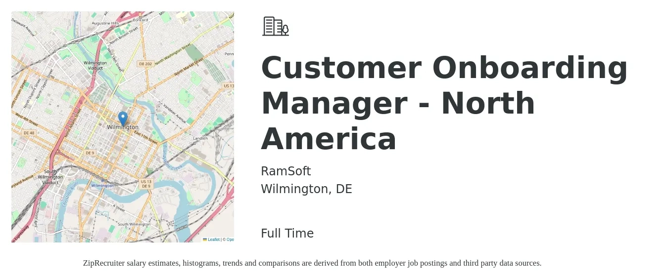 RamSoft job posting for a Customer Onboarding Manager - North America in Wilmington, DE with a salary of $57,700 to $96,100 Yearly with a map of Wilmington location.