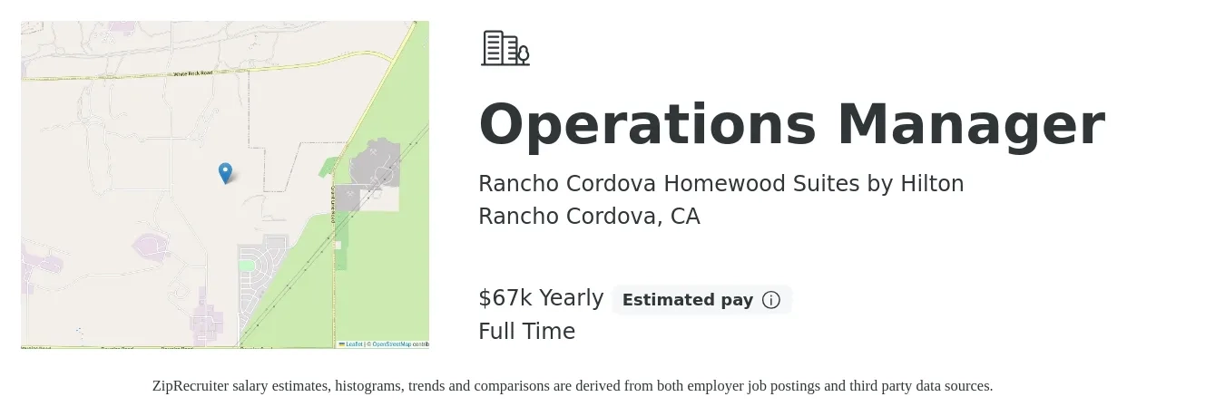 Rancho Cordova Homewood Suites by Hilton job posting for a Operations Manager in Rancho Cordova, CA with a salary of $67,560 Yearly with a map of Rancho Cordova location.