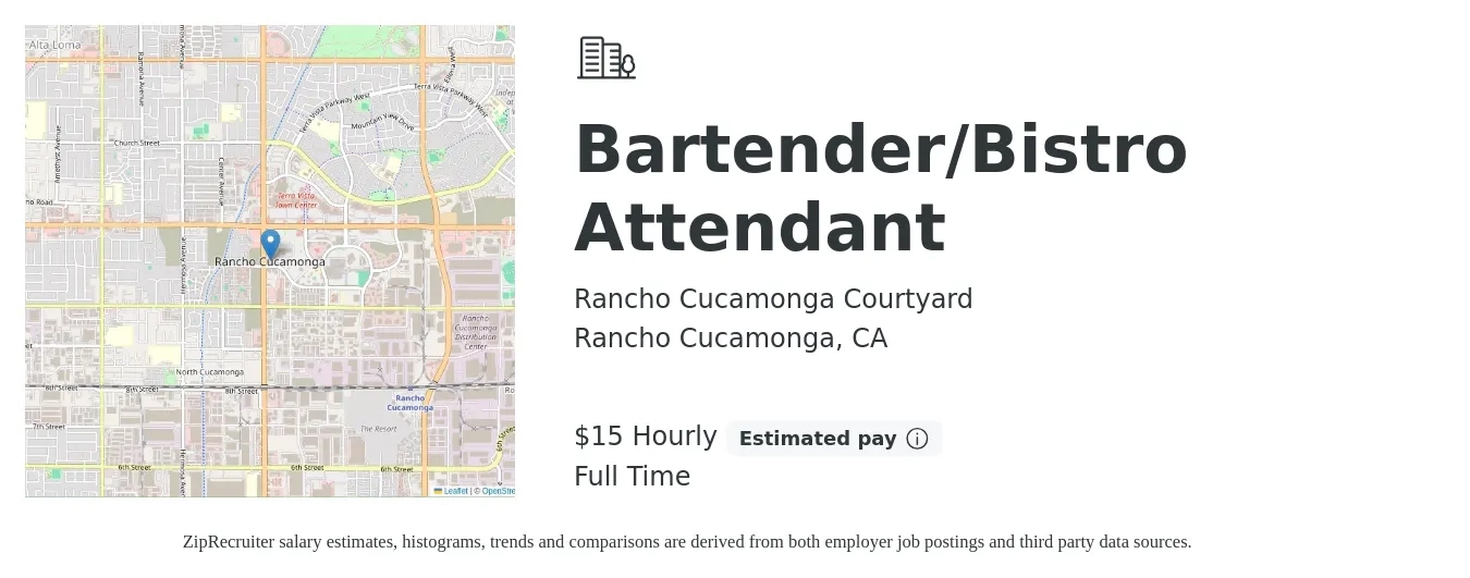 Rancho Cucamonga Courtyard job posting for a Bartender/Bistro Attendant in Rancho Cucamonga, CA with a salary of $16 Hourly with a map of Rancho Cucamonga location.