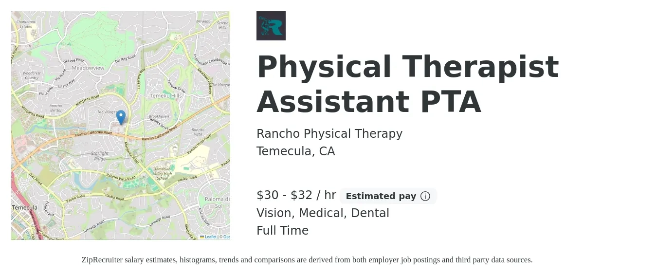 Rancho Physical Therapy job posting for a Physical Therapist Assistant PTA in Temecula, CA with a salary of $32 to $34 Hourly and benefits including life_insurance, medical, retirement, vision, and dental with a map of Temecula location.