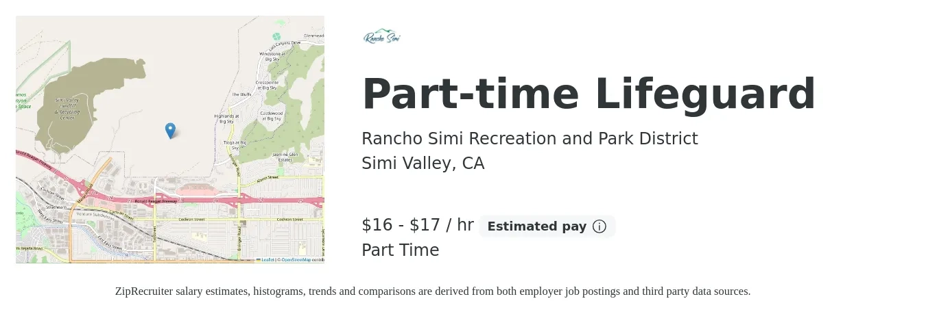 Rancho Simi Recreation and Park District job posting for a Part-time Lifeguard in Simi Valley, CA with a salary of $17 to $18 Hourly with a map of Simi Valley location.