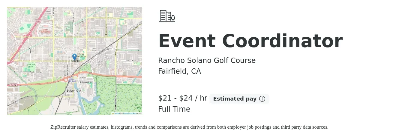 Rancho Solano Golf Course job posting for a Event Coordinator in Fairfield, CA with a salary of $22 to $25 Hourly with a map of Fairfield location.