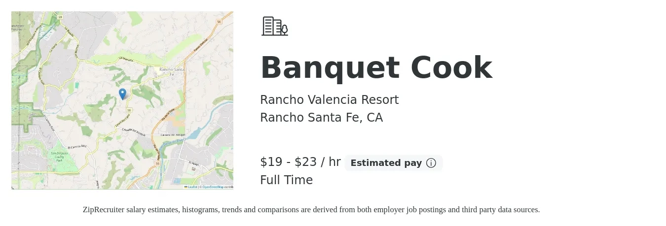Rancho Valencia Resort job posting for a Banquet Cook in Rancho Santa Fe, CA with a salary of $20 to $24 Hourly with a map of Rancho Santa Fe location.