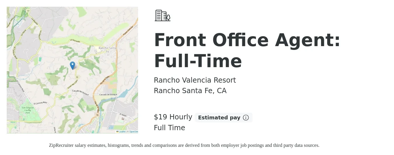 Rancho Valencia Resort job posting for a Front Office Agent: Full-Time in Rancho Santa Fe, CA with a salary of $20 Hourly with a map of Rancho Santa Fe location.