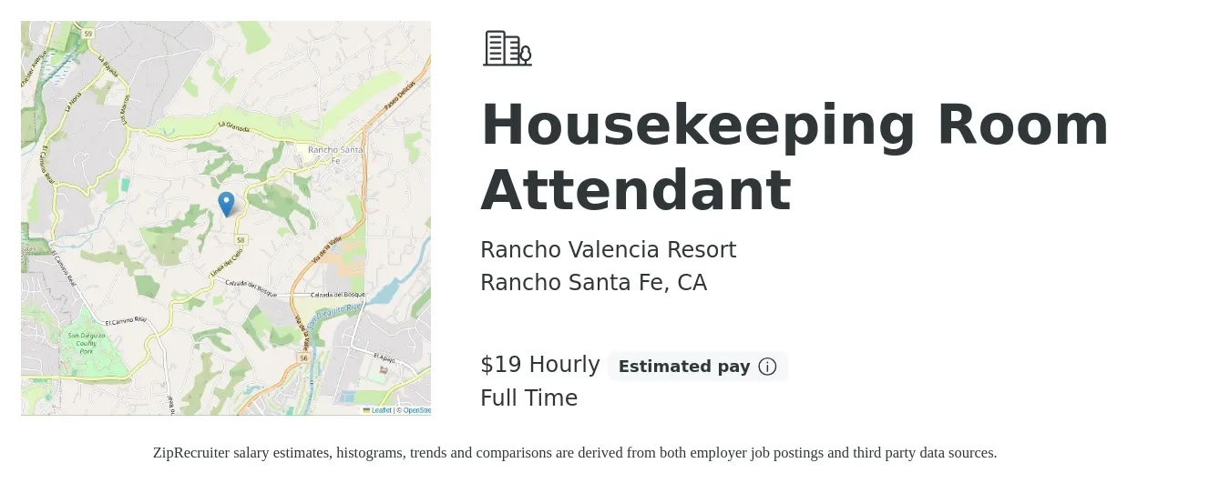 Rancho Valencia Resort job posting for a Housekeeping Room Attendant in Rancho Santa Fe, CA with a salary of $20 Hourly with a map of Rancho Santa Fe location.