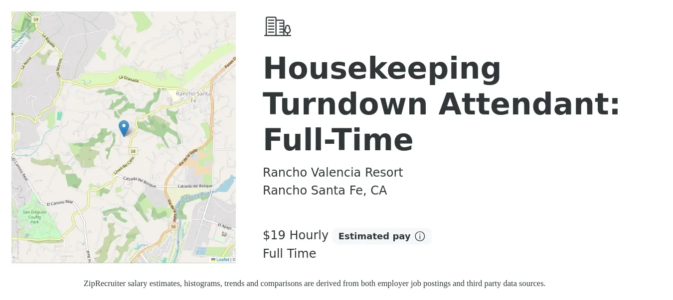 Rancho Valencia Resort job posting for a Housekeeping Turndown Attendant: Full-Time in Rancho Santa Fe, CA with a salary of $20 Hourly with a map of Rancho Santa Fe location.