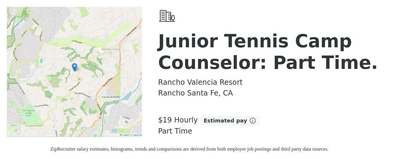 Rancho Valencia Resort job posting for a Junior Tennis Camp Counselor: Part Time. in Rancho Santa Fe, CA with a salary of $20 Hourly with a map of Rancho Santa Fe location.