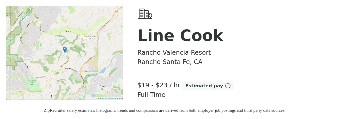 Rancho Valencia Resort job posting for a Line Cook in Rancho Santa Fe, CA with a salary of $20 to $24 Hourly with a map of Rancho Santa Fe location.
