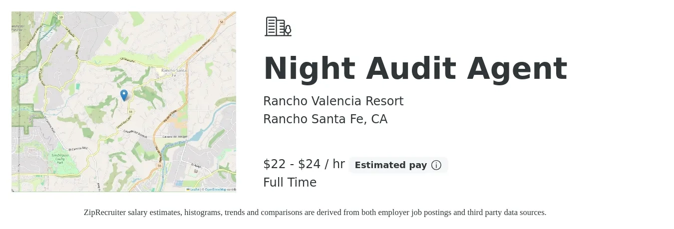 Rancho Valencia Resort job posting for a Night Audit Agent in Rancho Santa Fe, CA with a salary of $23 to $25 Hourly with a map of Rancho Santa Fe location.