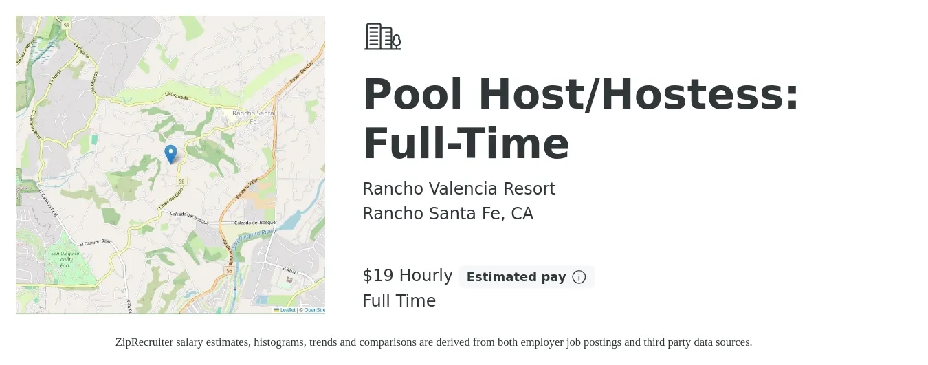 Rancho Valencia Resort job posting for a Pool Host/Hostess: Full-Time in Rancho Santa Fe, CA with a salary of $20 Hourly with a map of Rancho Santa Fe location.