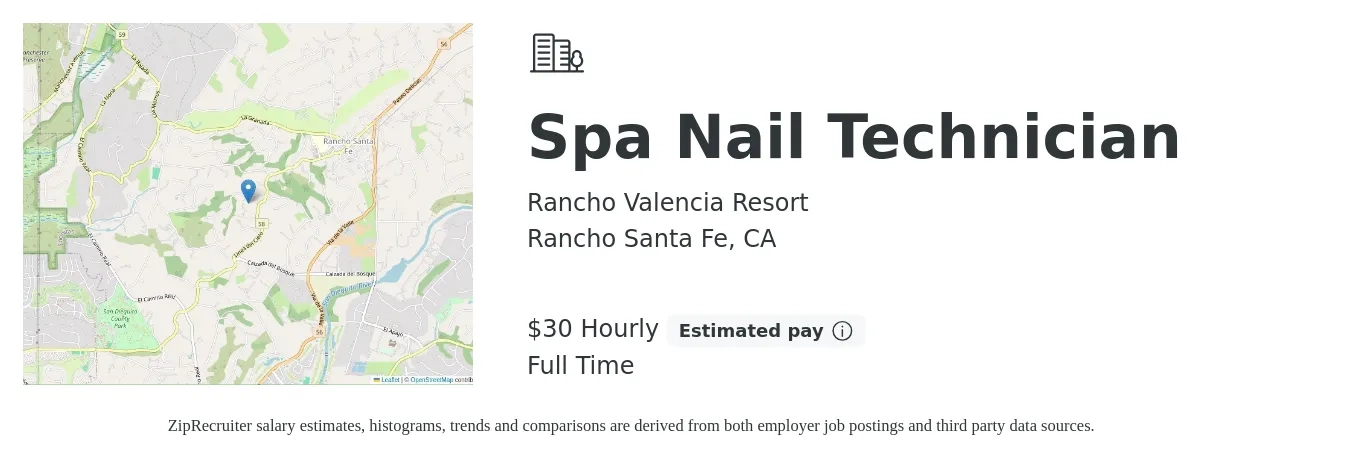 Rancho Valencia Resort job posting for a Spa Nail Technician in Rancho Santa Fe, CA with a salary of $32 Hourly with a map of Rancho Santa Fe location.