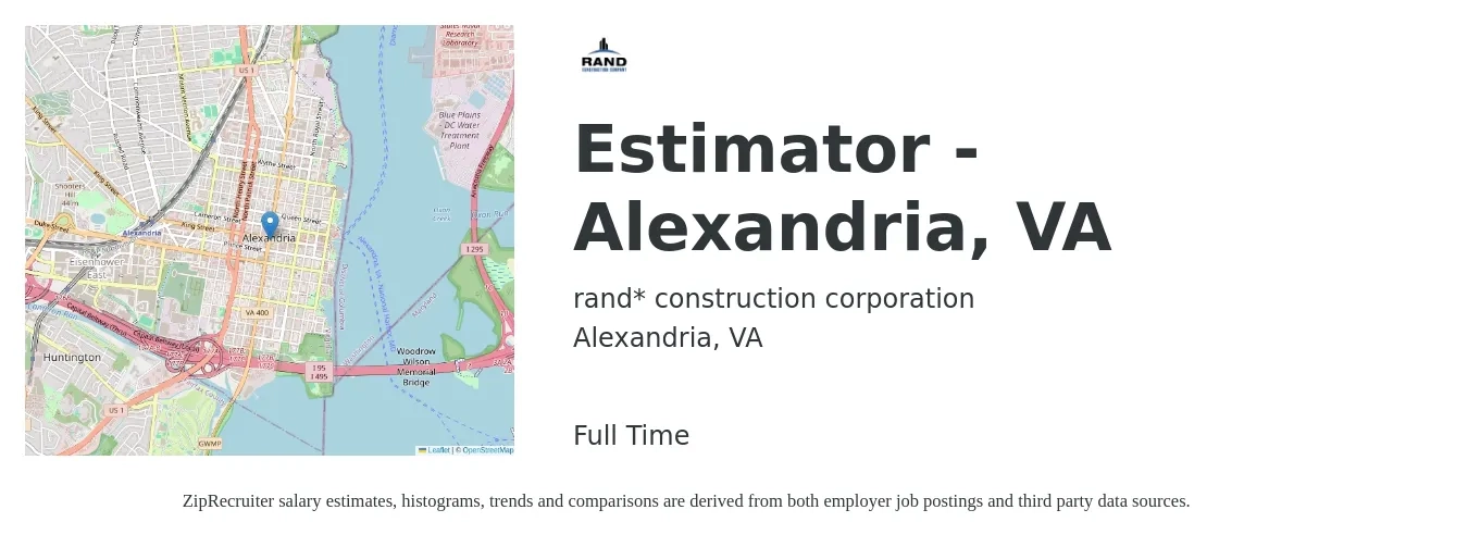 rand* construction corporation job posting for a Estimator - Alexandria, VA in Alexandria, VA with a salary of $56,600 to $92,500 Yearly with a map of Alexandria location.